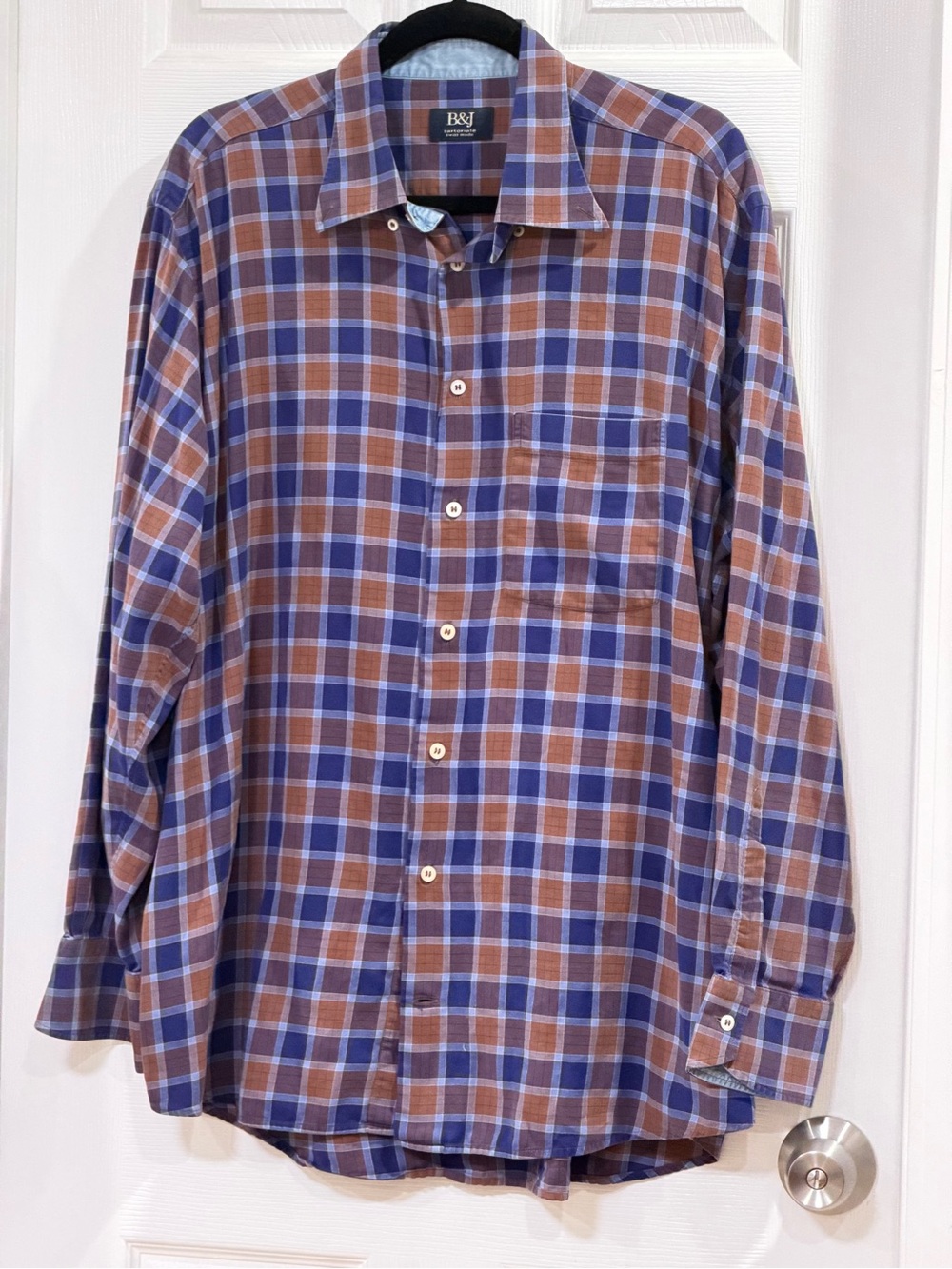 Men's Blue and Brown Plaid Button-Down Shirt